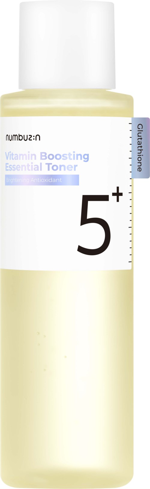 En lang, hvit flaske med etiketten "Vitamin Boosting Essential Toner" og "Guitarine," mest fylt med en gulaktig væske.