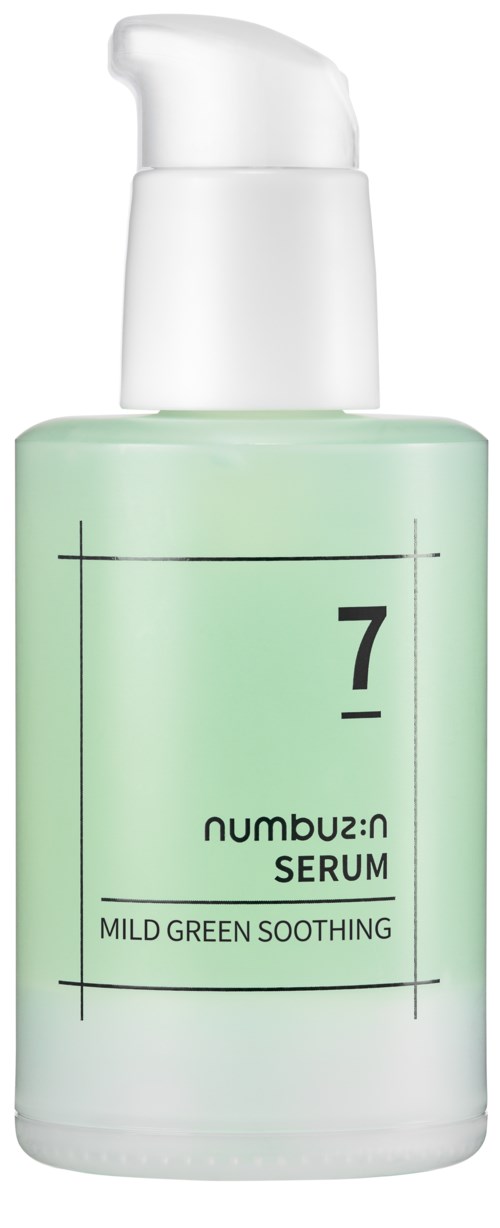 A light green bottle of serum with a pump top, labeled '7 Serum, Mild Green Soothing.'