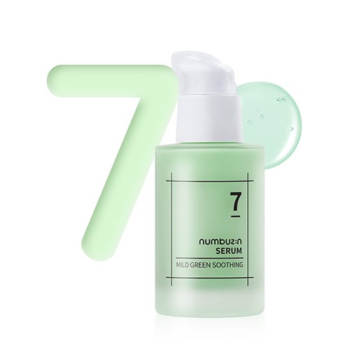 A light green serum bottle with a pump, labeled '7 Serum' for soothing skin, with a large green number seven in the background.