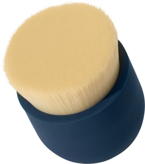 A round, yellow makeup brush with a dark blue handle.