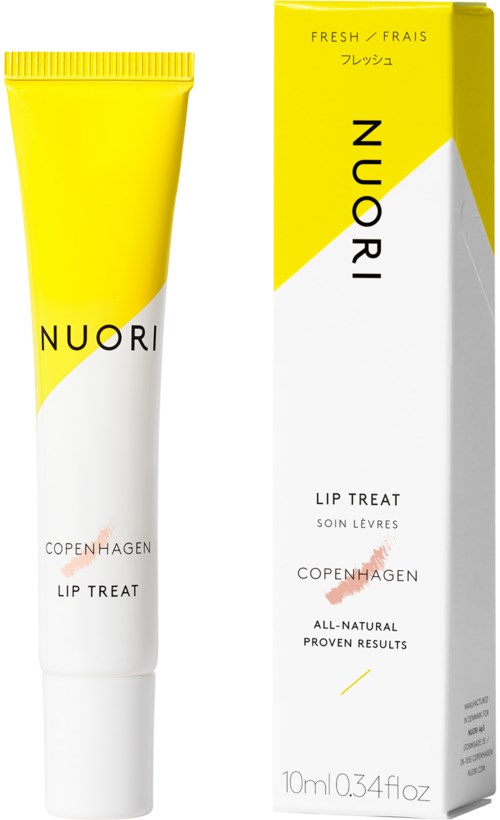 Yellow and white tube and box for Nuori lip treat from Copenhagen, natural and fresh look.