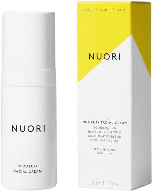 A white bottle and a yellow and white box labeled NUORI Protect+ Facial Cream, for nourishing and barrier support.