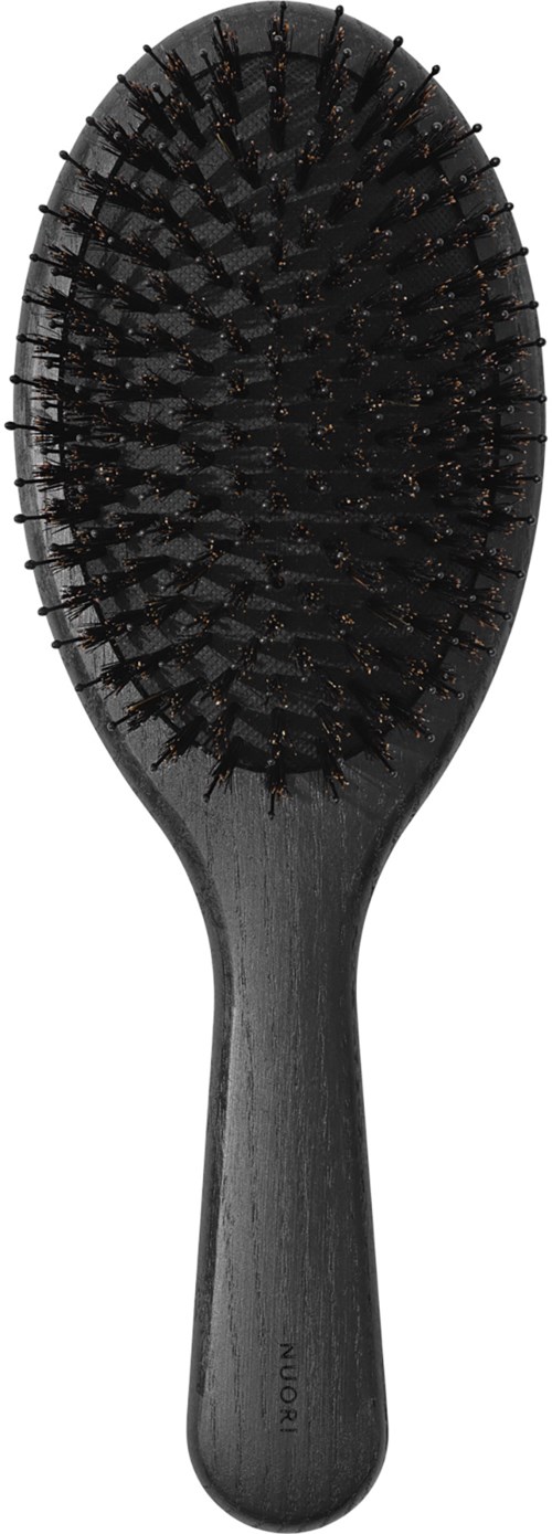 Eine schwarze Haarbürste mit vielen kleinen Borsten. Sie hat einen runden Kopf und einen Griff.