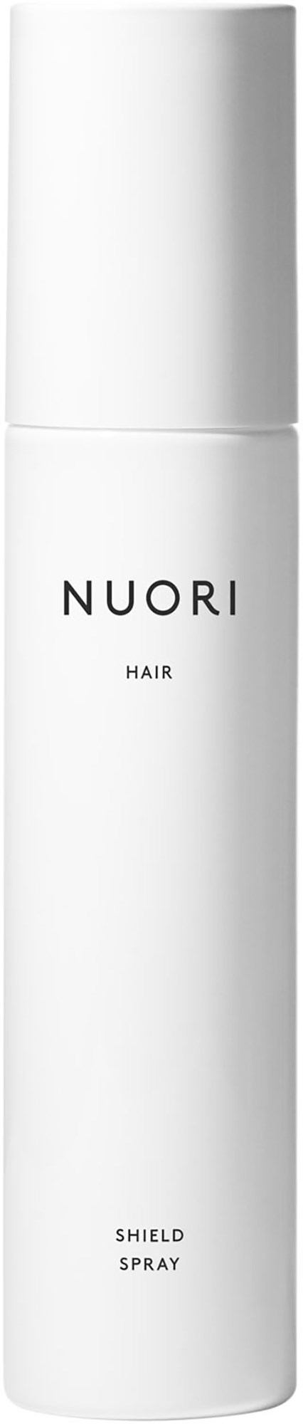 A tall, white cylindrical bottle labeled 'NUORI HAIR SHIELD SPRAY' against a black background.
