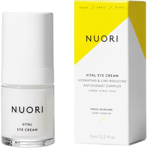 Een witte fles met de tekst NUORI Vital Eye Cream naast een geel-witte doos van hetzelfde product.