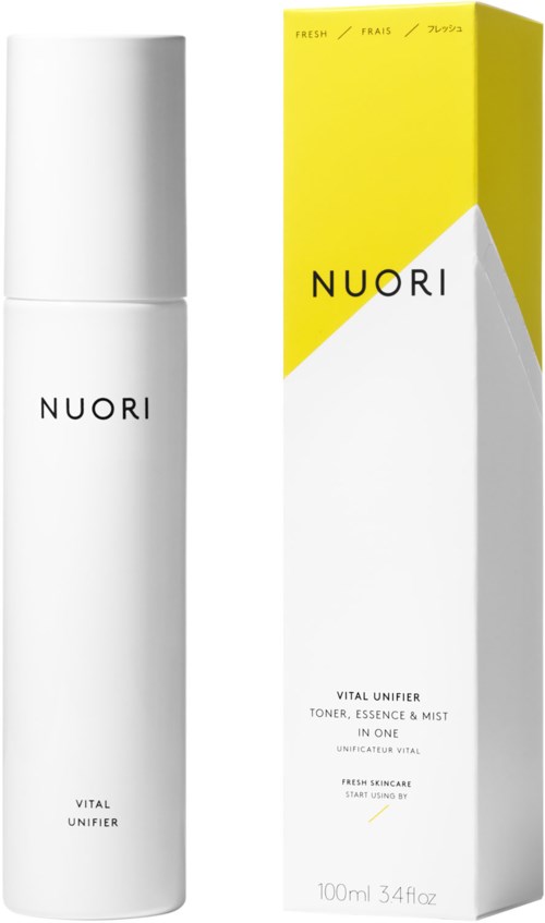 A white bottle and a yellow-and-white box for a skincare product named NUORI. The box says 'Vital Unifier' and 'Toner, Essence & Mist.'