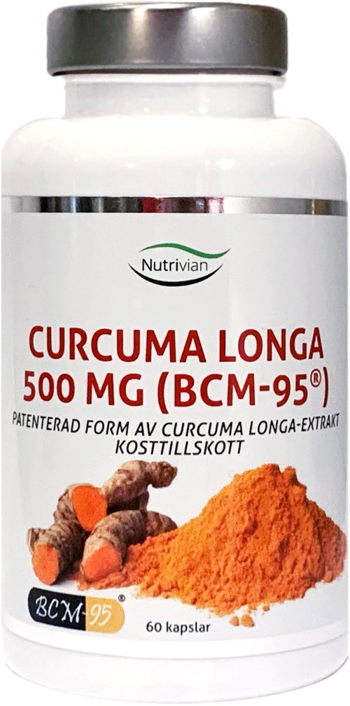 En vit kosttillskottsflaska med silverlock, visar gurkmejarot, pulver och etiketttext för Curcuma Longa.