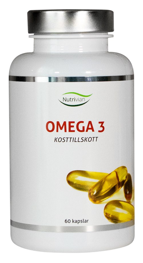 En vit flaska märkt 'Omega 3' med gula kapslar på etiketten och 60 kapslar inuti.
