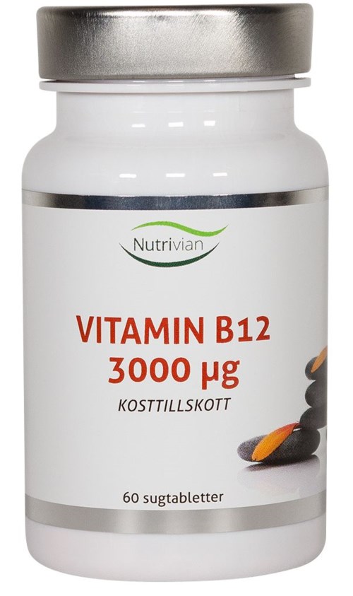 En vit flaska märkt 'Vitamin B12 3000 µg' med en grå topp, innehållande kosttillskottstabletter.