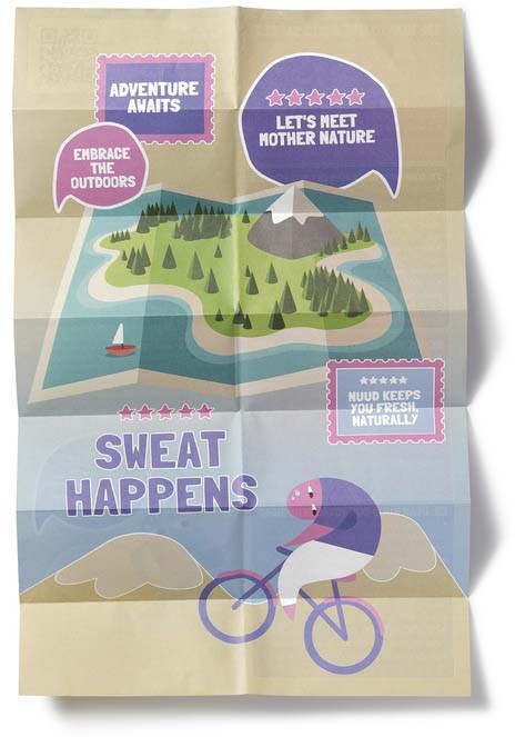 Colorful map with outdoor and nature themes, featuring a cartoon cyclist, mountains, trees, and motivational words.