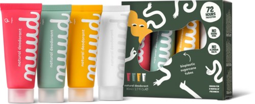 Set of four colorful tubes of natural deodorant with matching box, indicating 72-hour protection and no harmful ingredients.