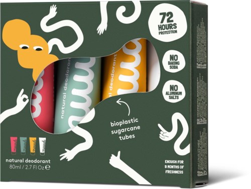 Box of natural deodorant with three colorful tubes, showing 72 hours protection, no baking soda or aluminum salts.
