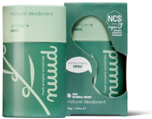 A green container and box of natural deodorant with mint scent, made with botanical ingredients and eco-friendly standards.