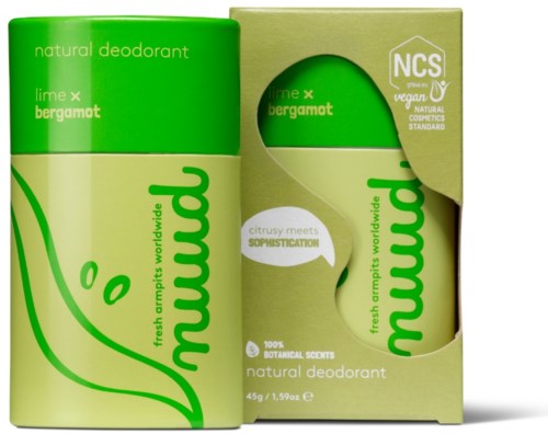 Green deodorant container with lime and bergamot scent, alongside a matching box with eco-friendly and vegan labels.