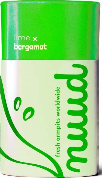 A green and white cylindrical container with Mango brand and lime bergamot scent, featuring a smiling fruit illustration.