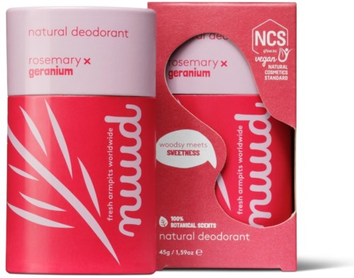 A red and white container and box for a natural deodorant with rosemary and geranium scent, NCS vegan standard, 45g.