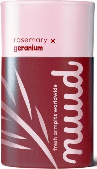 A can of deodorant with pink and maroon colors, labeled with scent rosemary geranium, and brand 'mudd'.