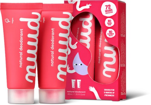 Pink tubes of natural deodorant with a cute character on the box, claiming 72 hours of freshness and no harsh ingredients.