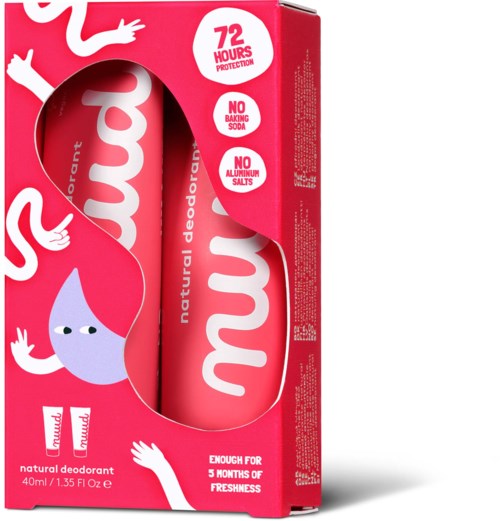 Pink packaging with a cartoon character, 72 hours protection, no baking soda or aluminum salts, lasts five months.