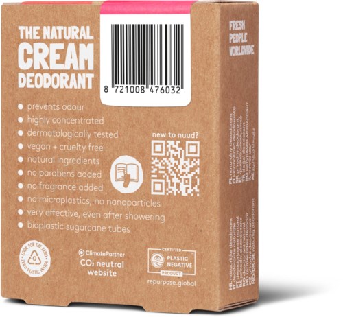 Bruine doos met natuurlijke crème deodorant met barcode, QR-code en lijst van kenmerken aan de zijkant.