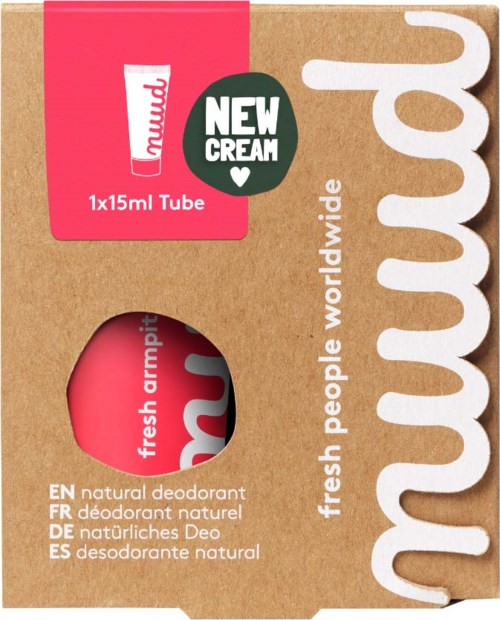 A natural deodorant product with a pink tube inside a cardboard box. The box has white and green text.