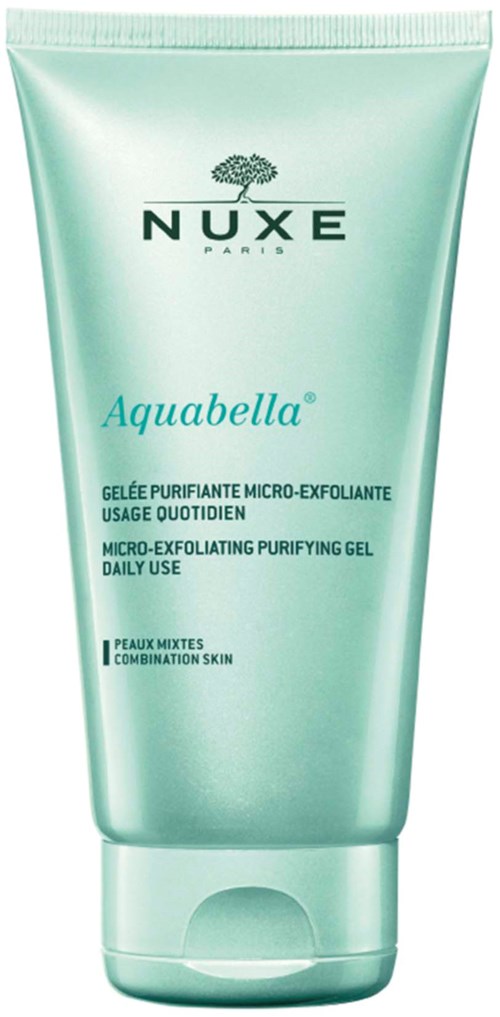 En grønn tube med NUXE Aquabella mikropeeling rensende gel for blandet hud, laget for daglig bruk.