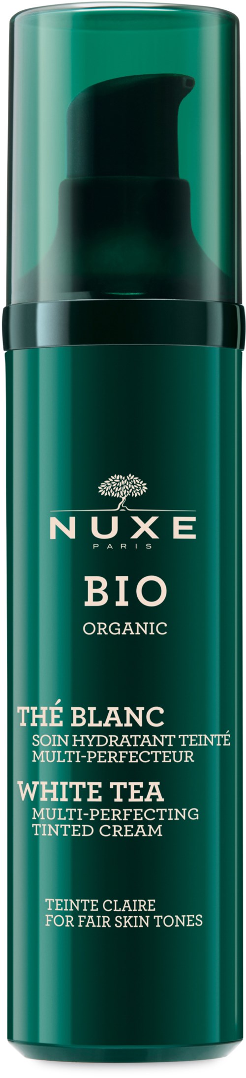 Nuxe BIO Hvid Te farvet cremetube, grøn flaske, pumpe, økologisk hudplejeprodukt, til lyse hudtoner.