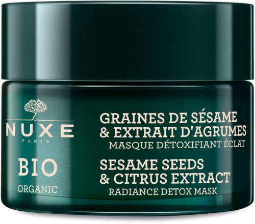 En grön burk av Nuxe organisk detoxmask med sesamfrön och citrusextrakt för glödande hud.