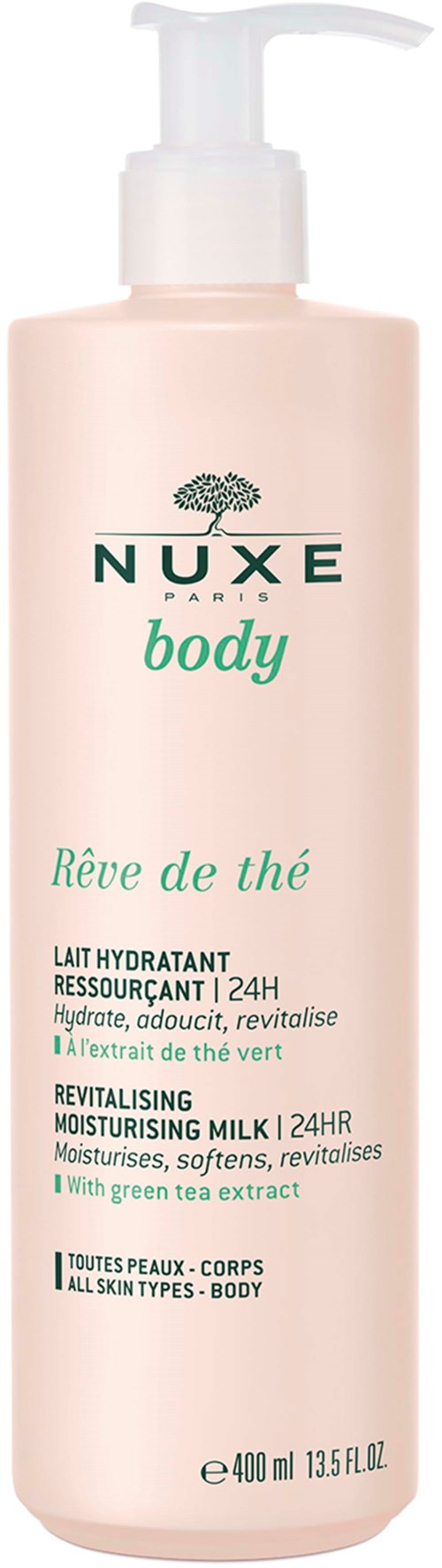 En rosa flaske med pumpe, merket NUXE body, grønn te fuktighetskrem for alle hudtyper, 400 ml.
