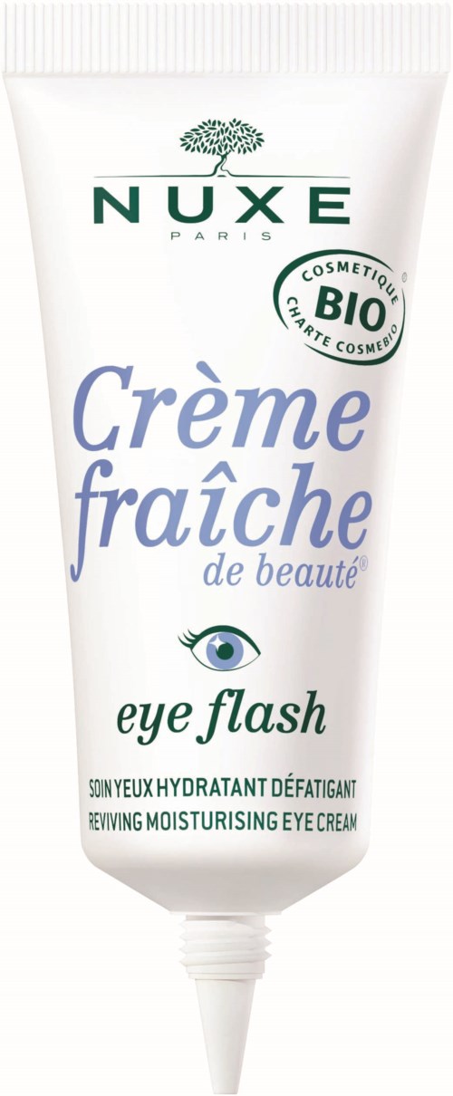 En hvit tube med øyekrem fra Nuxe, merket 'Crème fraîche' for fuktighetsgivende og nærende øyne, med en grønn trelogo.