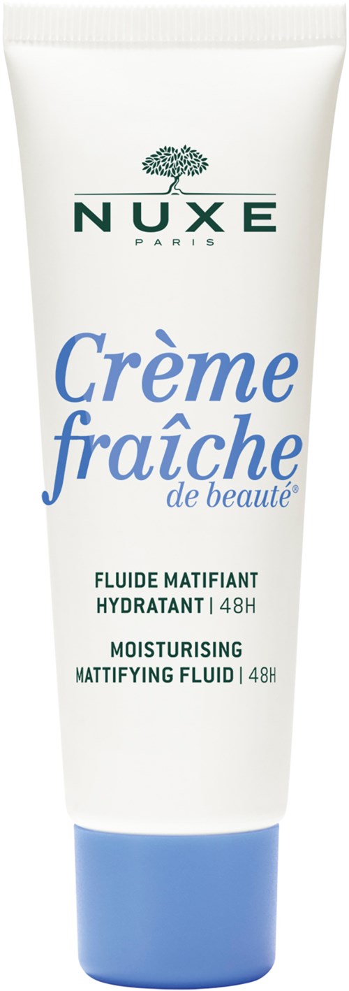 The tube shows Nuxe logo and label for a hydrating, mattifying moisturizer in a white and blue package.