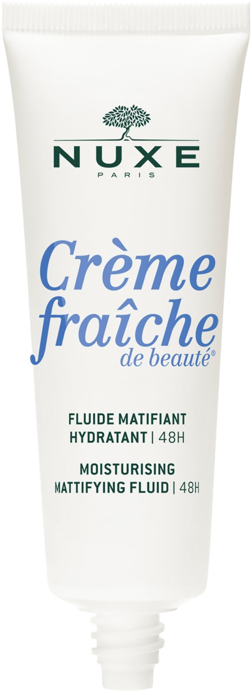 A white tube of NUXE Moisturising Mattifying Fluid with blue and black text and logo.