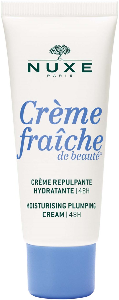 Een witte en blauwe tube met Nuxe hydraterende opvullende crème met groene en blauwe tekst.