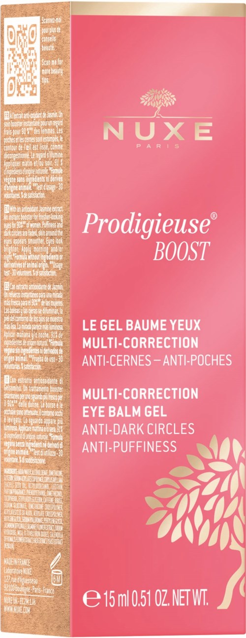 Rosa förpackning med vit och guld text, märkning Nuxe Prodigieuse Boost ögonbalsam gel för mörka ringar och svullnad.