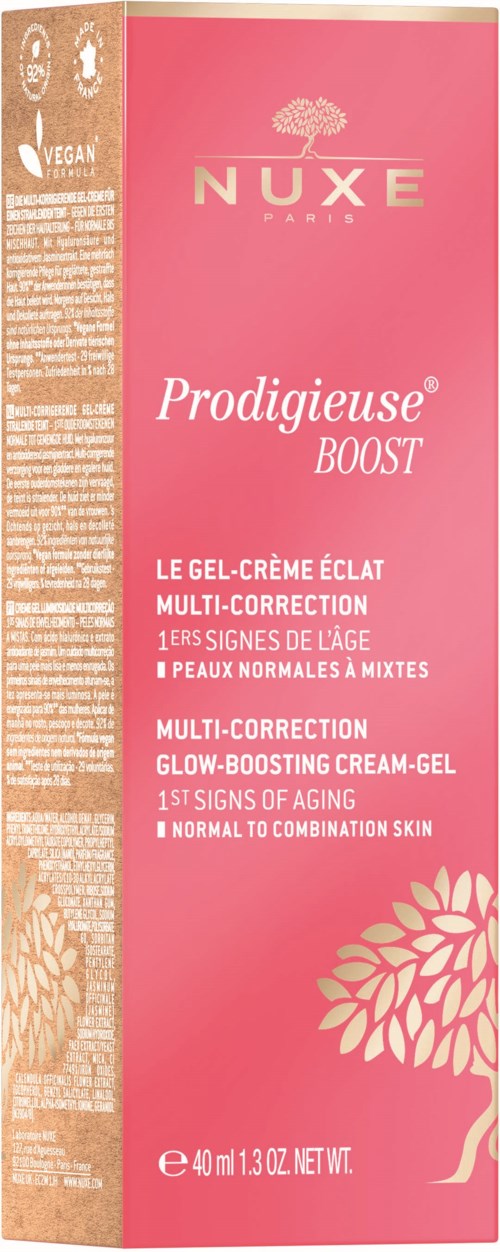 Pink boks med NUXE-logo, produktnavn Prodigieuse Boost, beskrivelse på fransk og engelsk, samt en blomsterillustrasjon.