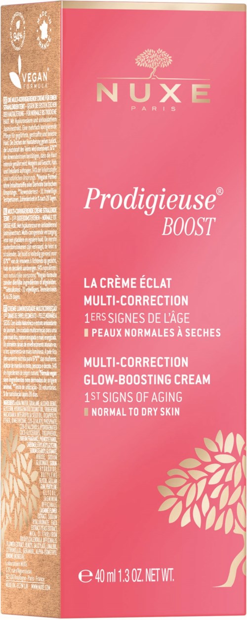 Rosa boks med NUXE-logo, ordet Prodigeuse Boost, og beskrivelse av glød-økende krem for tørr hud.