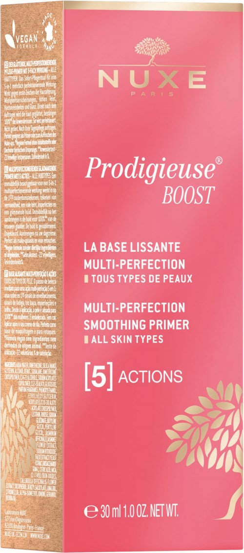 Rosa emballasje for NUXE Prodigieuse Boost multi-perfection smoothing primer for alle hudtyper.