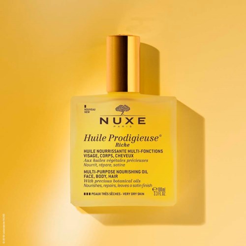 Nuxe Huile Prodigieuse Riche Multi-Purpose Nourishing Oil für Gesicht, Körper und Haare, mit botanischen Ölen für trockene Haut.