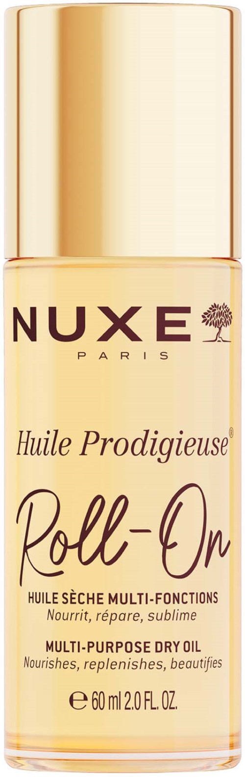 En flaske Nuxe Paris tørrolje med gullokk og kremmerke, beskriver allsidig nærende hudpleie.