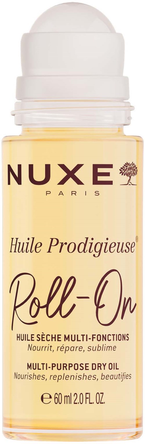En liten flaske NUXE Paris tørrolje med hvit lokk, gul væske inni, og svart og lilla tekst på etiketten.