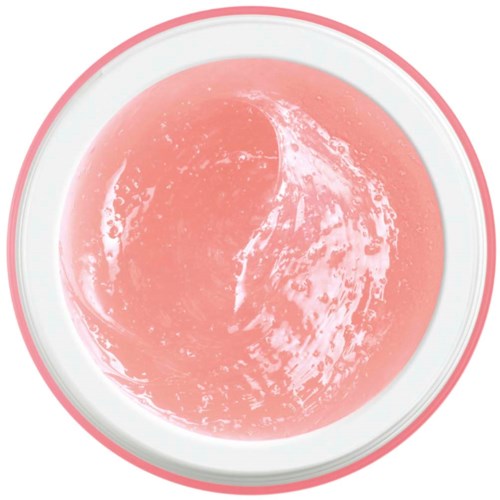 En rosa iskuleskje i en hvit bolle med rosa kant.