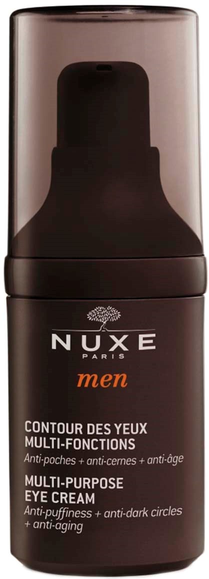 En brun flaska med Nuxe Men ögonkräm med pump, märkt som multi-nyttig för att motverka svullnad, mörka ringar och ålderstecken.