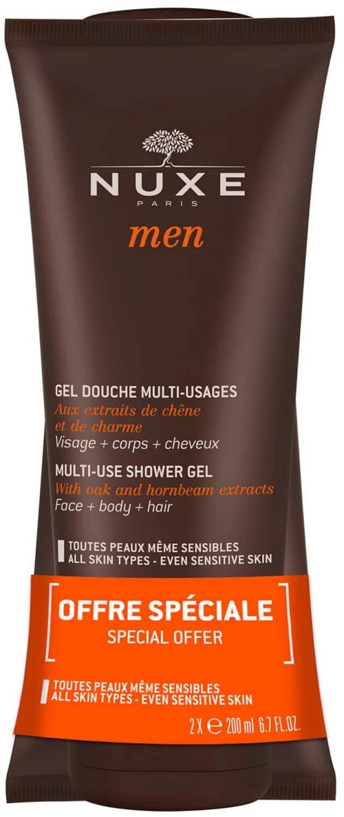 En brun tub med Nuxe Men multi-usage duschgell med erbjudandemärke, passar alla hudtyper.