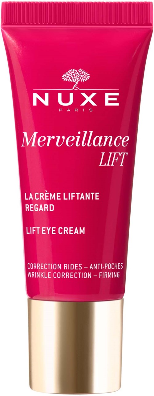 Rosa tub av NUXE Merveillance Lift-ögonkräm med guldlock, för rynkjustering och fasthet.