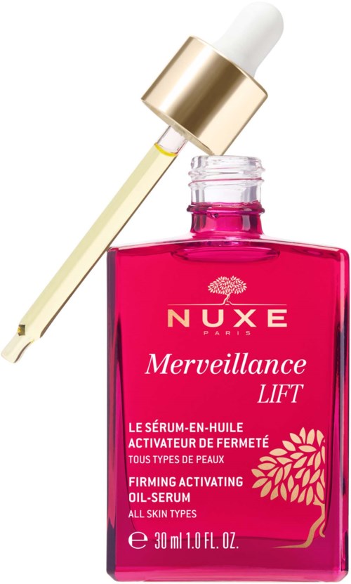 Pink serumflaska med vit och guld dropper, märkt NUXE Merveillance Lift, fastställande olja för alla hudtyper.