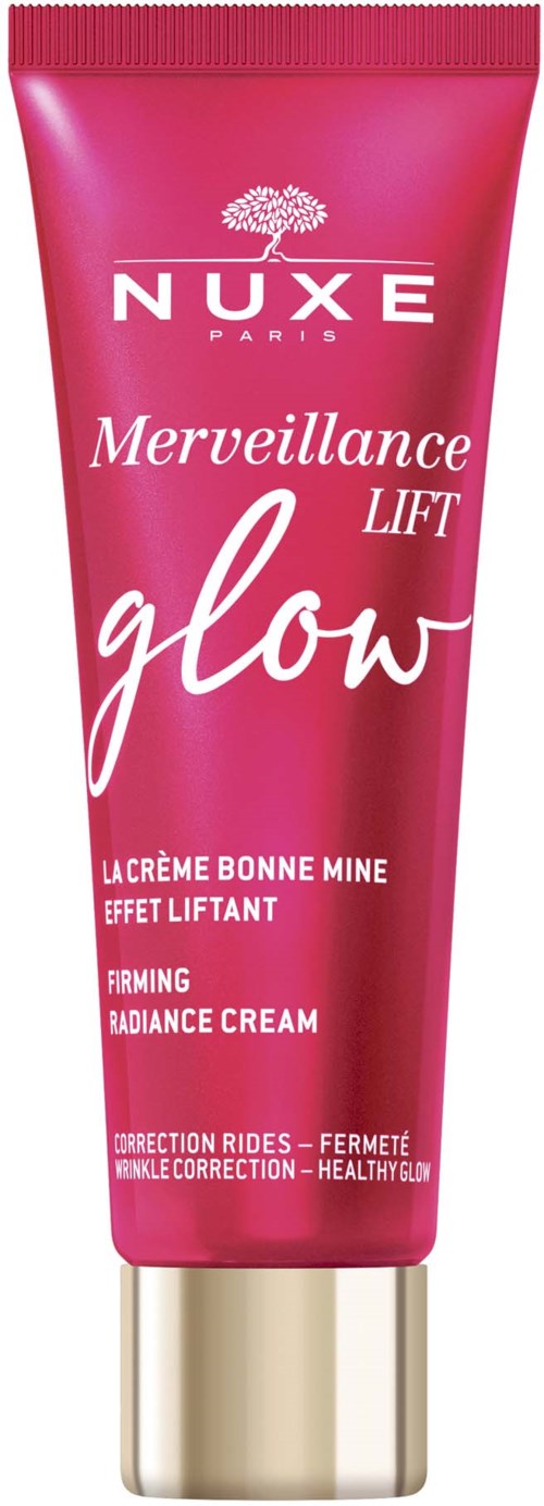 Rosa tube med Nuxe Merveillance Lift Glow Radiance Cream med gullhette, teksten nevner fasthet og sunn glød.