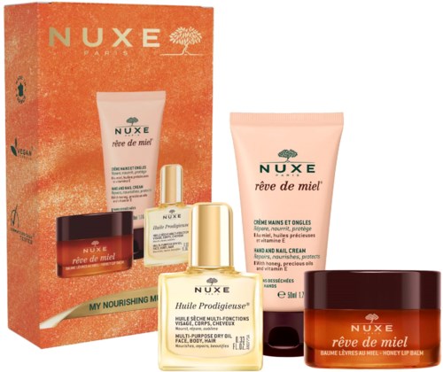 Nuxe Réve de Miel Pflegeset mit Handcreme, Lippenbalsam, Gesichtsöl und Geschenkbox.