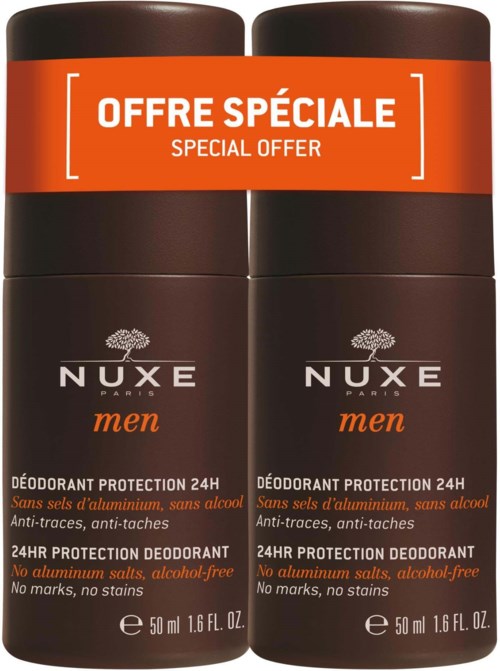 To brune deodorantflasker med et rødt mærke, der siger 'Special Offer' på fransk og engelsk. Nuxe Men står på flaskerne.