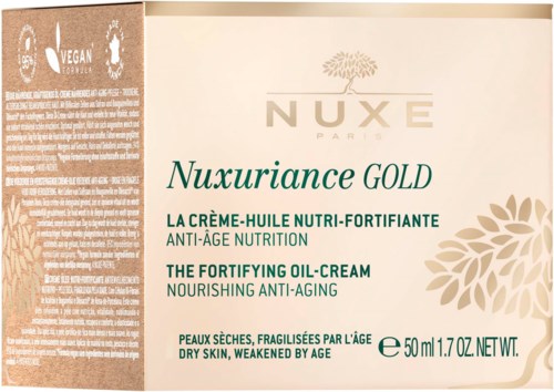 Boks med Nuxe Nuxuriance Gold revitaliserende olje-ansiktskrem for tørr, aldrende hud, 50 ml.