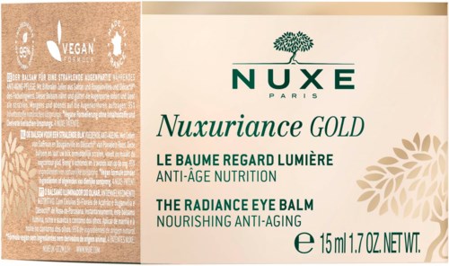 Pakke til Nuxe Paris øyenbalsam, viser produktnavn og hovedtrekk som anti-aging og nærende.